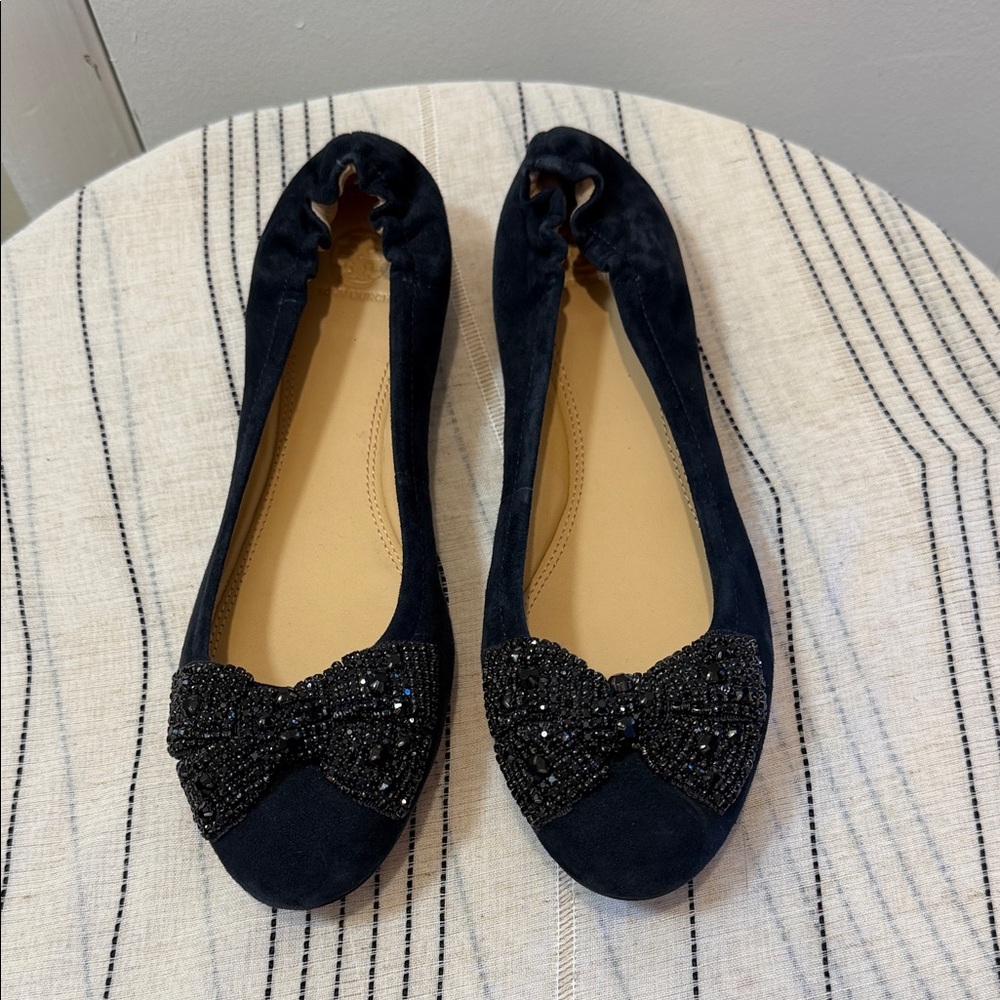 Tory Burch Navy Suede Bonneville Ballet Elegant Black Beaded Bow Flats